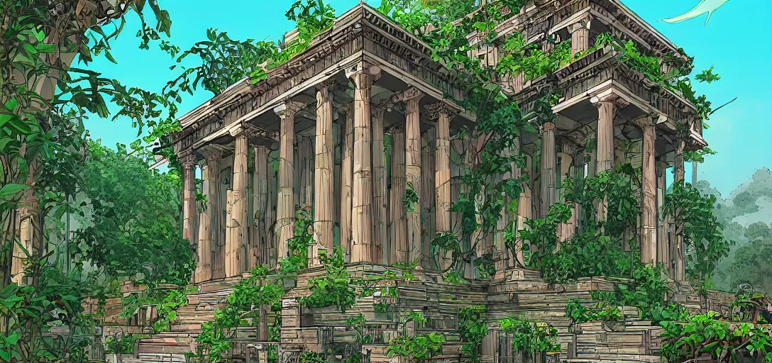Image similar to Greek temple with hanging gardens in the graphic style of Patrick Gleason and Matt James, detailed art, trending on Artstation, sharp focus, Beautiful comic art
