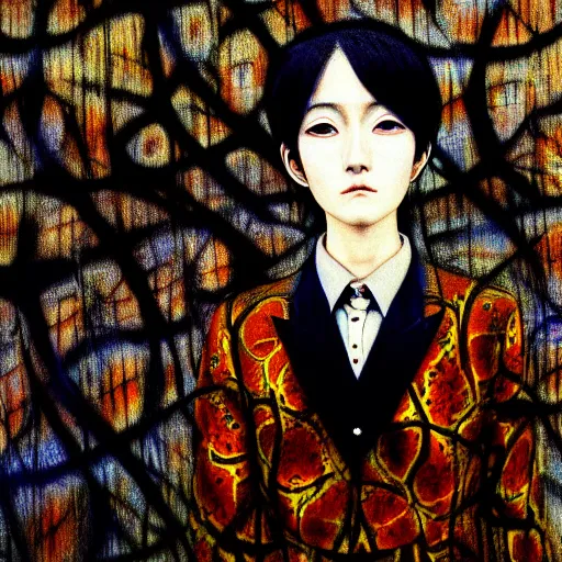 Image similar to yoshitaka amano blurred and dreamy realistic three quarter angle portrait of a young woman with black eyes wearing dress suit with tie, junji ito abstract patterns in the background, satoshi kon anime, noisy film grain effect, highly detailed, renaissance oil painting, weird portrait angle, blurred lost edges