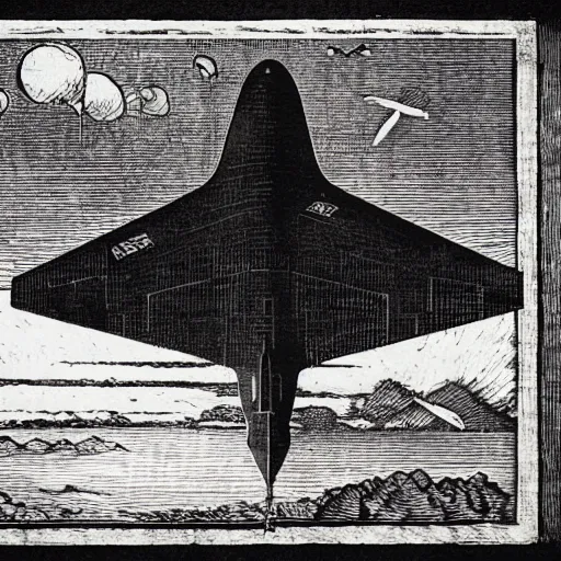 Prompt: woodcut of a b 2 stealth bomber by albrecht durer