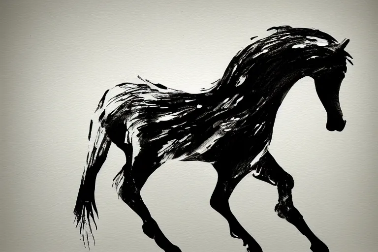 Image similar to bautiful serene horse, healing through motion, minimalistic ink aribrush painting on white background