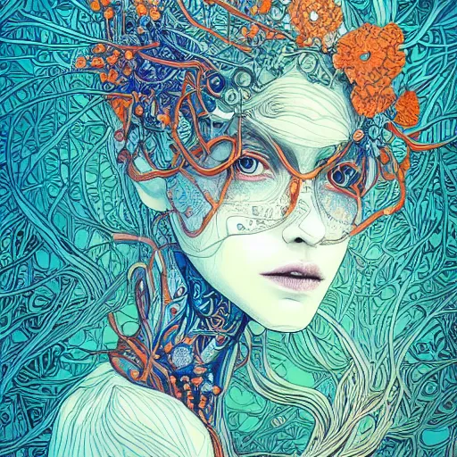 Prompt: the head of an extremely beautiful woman partially made of carrots and blueberries, an ultrafine detailed illustration by james jean, final fantasy, intricate linework, bright colors, behance contest winner, vanitas, angular, altermodern, unreal engine 5 highly rendered, global illumination, radiant light, detailed and intricate environment