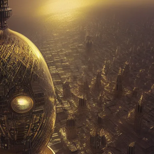 Image similar to enormous flying city in a faberge egg, sky, steampunk, fantasy art, masterpiece, hugh ferriss, octane render, peder balke