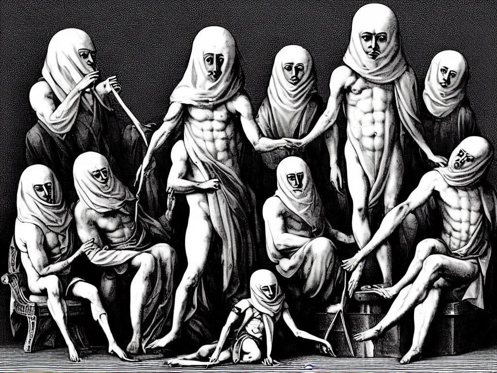 Prompt: a perfect photograph of the human squid interface of ethics, philosophy, law and religion. the iconography of subjugation and contempt. basic discipline of the self.