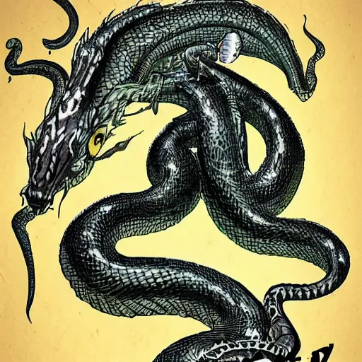 Image similar to a male naga, serpent body, kentaro miura art style