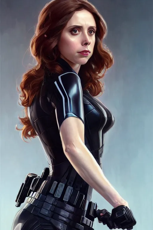 Image similar to alison brie as black widow, realistic portrait, symmetrical, highly detailed, digital painting, artstation, concept art, smooth, sharp focus, illustration, cinematic lighting, art by artgerm and greg rutkowski and alphonse mucha