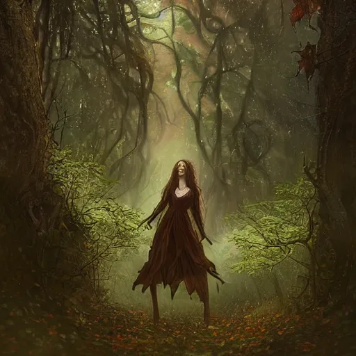 Prompt: portrait of a dryad, in a forest of fey autumn maples, her skin glistens with rainwater, she has a devilish smile and feline eyes, her hair intertwines with roots and foliage by greg rutkowski and brian froud and jessica rossier dark mysterious, filtered evening light