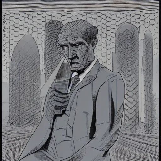 Image similar to an anthropomorphic chess piece dressed in a business suit, by moebius