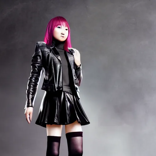 Image similar to a dynamic, epic cinematic 8K HD movie shot of a japanese young J-Pop idol girl wearing leather jacket, miniskirt, nylon tights and high heels boots. Motion, VFX, Inspirational arthouse