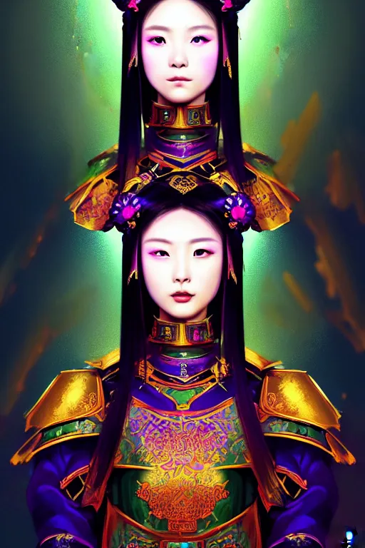 Image similar to beautiful and divine and holy and elite and colorlpunk three kingdom chinese female armor knight portrait like twice tzuyu+shinnyy eyes, ssci-fi, fantasy, neon light, art and illustration by tian zi and craig mullins and WLOP and alphonse mucha, fantasy, intricate complexity, human structure, human anatomy, fantasy character concept, watermark, blurry, hyperrealism 8k