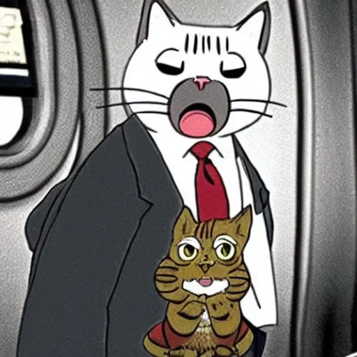 Prompt: “ a angry cat wearing a suit riding the subway in new york city, studio ghibli, spirited away, by hayao miyazaki ”