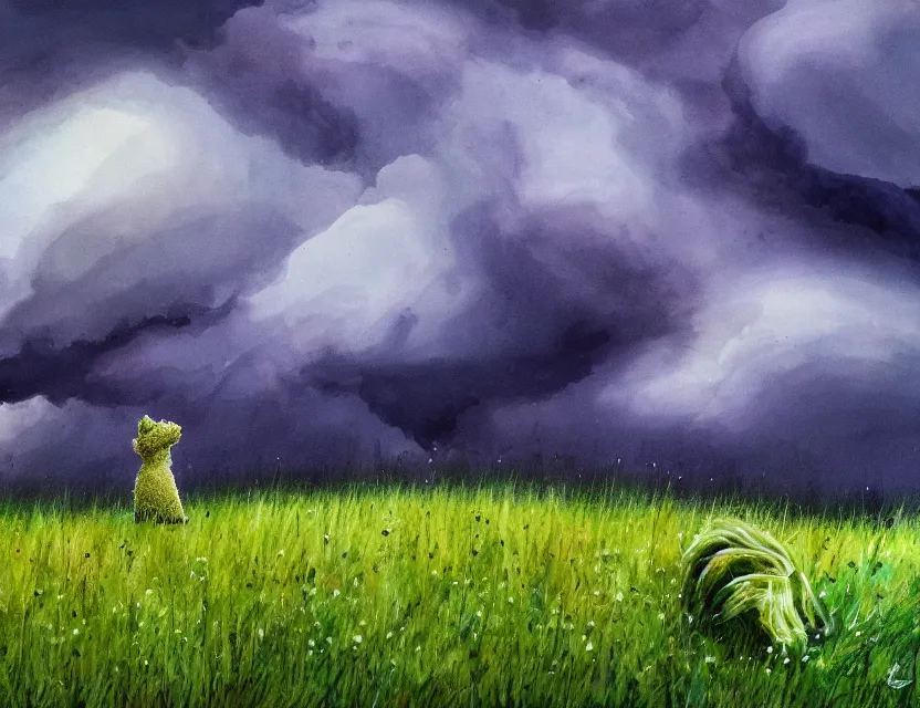 Prompt: wild chia pet in the meadow, stormy skies. russian fairytale art, gouache, dynamic composition, backlighting