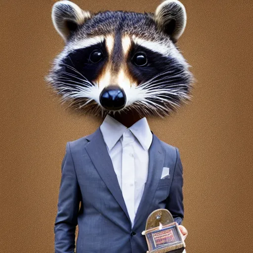 Image similar to photograph of anthropomorphic raccoon wearing a suit, award winning photograph