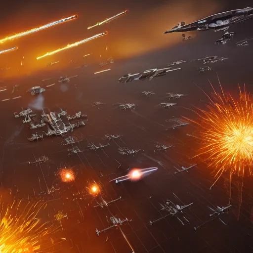 Image similar to 3 d point perspective, extreme long shot of the imperial fleet hovering over the sky menacingly, beginning to bombard with blaster fire new york, golden hour, deep depth of field, make all elements sharp, aerial view, 8 k, octane, unreal 5, hyperrealistic, symmetrical, intricate digital art, photoshop, epic space battle