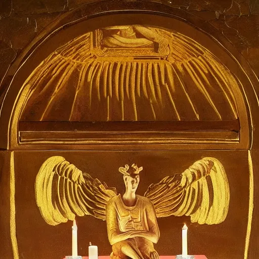 Image similar to a golden bread toaster (kitchen appliance) with angel wings and a halo, sitting on an altar in an ancient temple at sunset, with rays of light shining down from the sun, surrounded by adoring worshippers, beautifully painted in a renaissance style