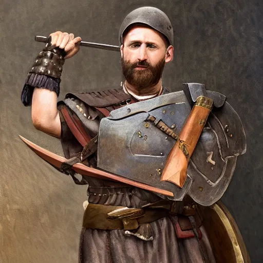 Prompt: a roman legionnaire soldier in a 1 9 0 0 s french army. large square shield. bayonetted musket. trending on art station. 8 k. beautifully detailed. subject fully in frame. fantasy. hyper realistic.