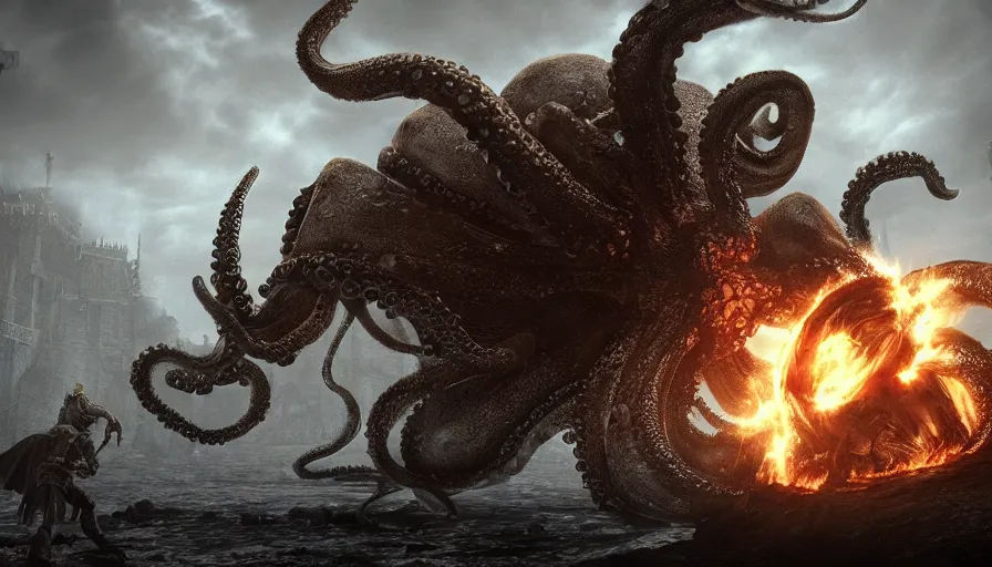 Image similar to Octopus monster, Dark Souls screenshot, boss fight, epic composition, grainy, gritty, concept art, 8K, highly detailed