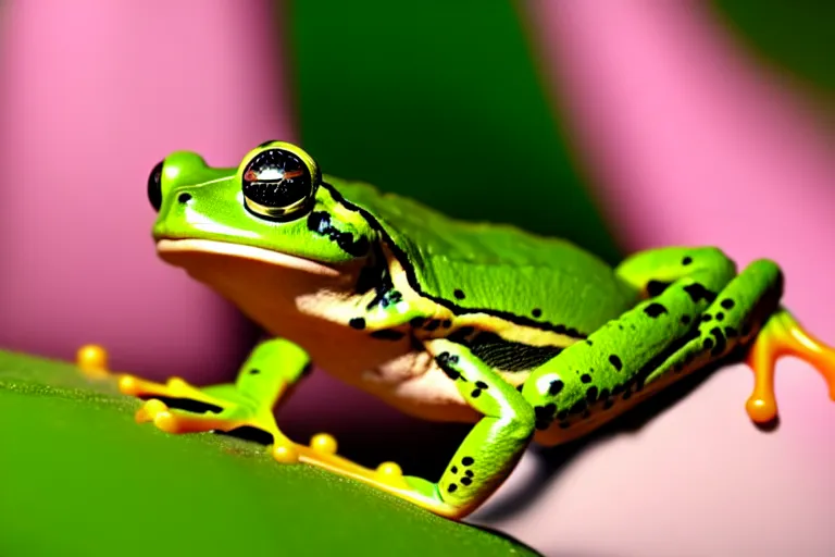 Prompt: the very tip of a frog's tongue is touching a fly