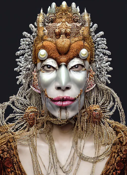 Image similar to hyperrealism, detailed textures, award winning autochrome photo, symetrical japanese pearl, beautiful dreaming voodoo pearl queen, autochrome pearl portrait, pearl silverplate, intricate, detailed facial pearl scary animal mask, pearl, golden jewelery, silverplate, ultra realistic, cinematic, intricate, cinematic light by steve mccurry, unreal engine 8 k