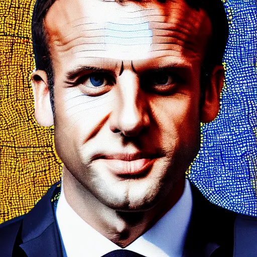 Prompt: portrait mosaic of Emmanuel macron with animal ears, 4k, intricate details, digital, sun in the background