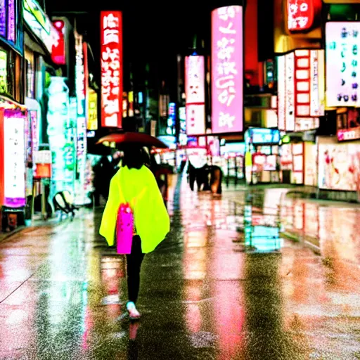 Image similar to japanese girl walking in neon japan at night under heavy rain alongside hundred of white rabbits