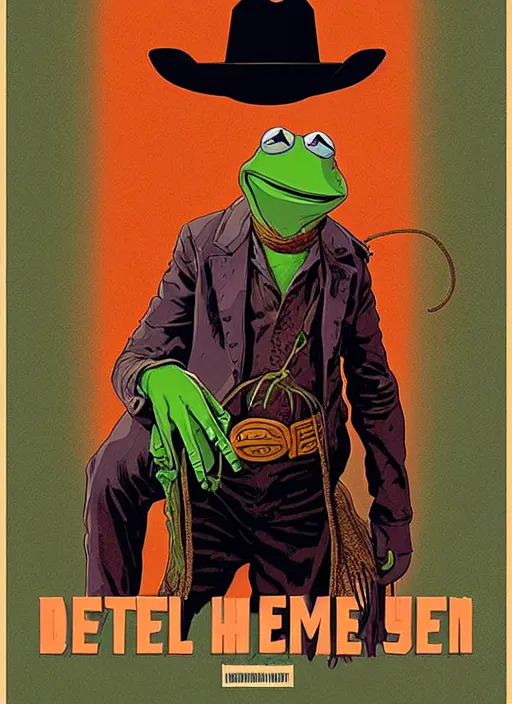 Prompt: poster artwork by Michael Whelan and Tomer Hanuka, portrait of Kermit the Frog wearing a cowboy hat, background Old spaghetti western, clean