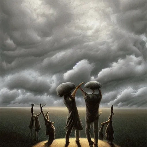 Image similar to a hyperrealistic painting of the dancers at the end of time, stormy skies, vivid color, by john kenn mortensen, highly detailed,