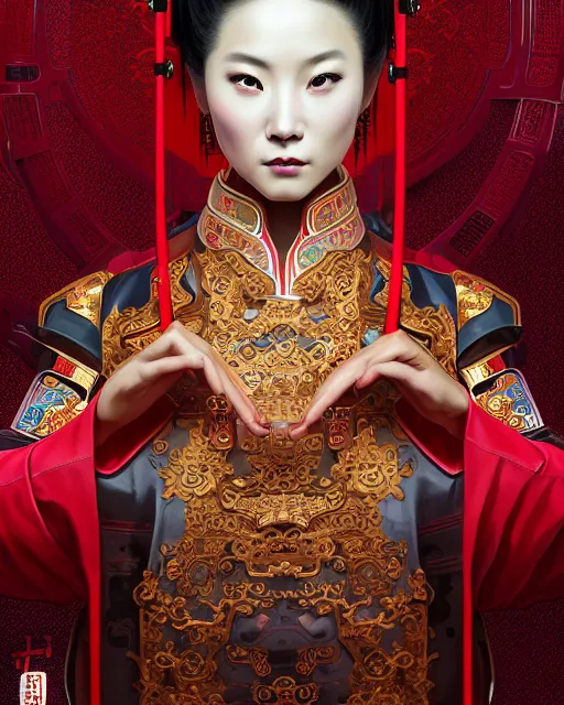 Prompt: portrait of a chinese cyberpunk machine, machine face, robed, upper half portrait, decorated with chinese opera motifs regal asian machine robot cyberpunk fine china, wuxia, traditional chinese art intricate intense elegant 京 剧 highly detailed digital painting artstation concept art smooth sharp focus illustration, art by artgerm and greg rutkowski alphonse mucha 8 k