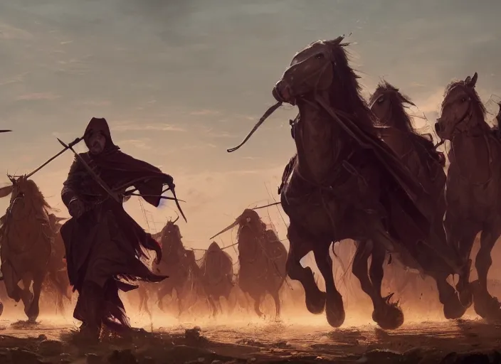 Prompt: cinematic wide shot of a mysterious old man with a staff and purple robes standing defiantly in front of an enemy cavalry charge of warriors wearing red armor by Greg Rutkowski, 4k, masterpiece