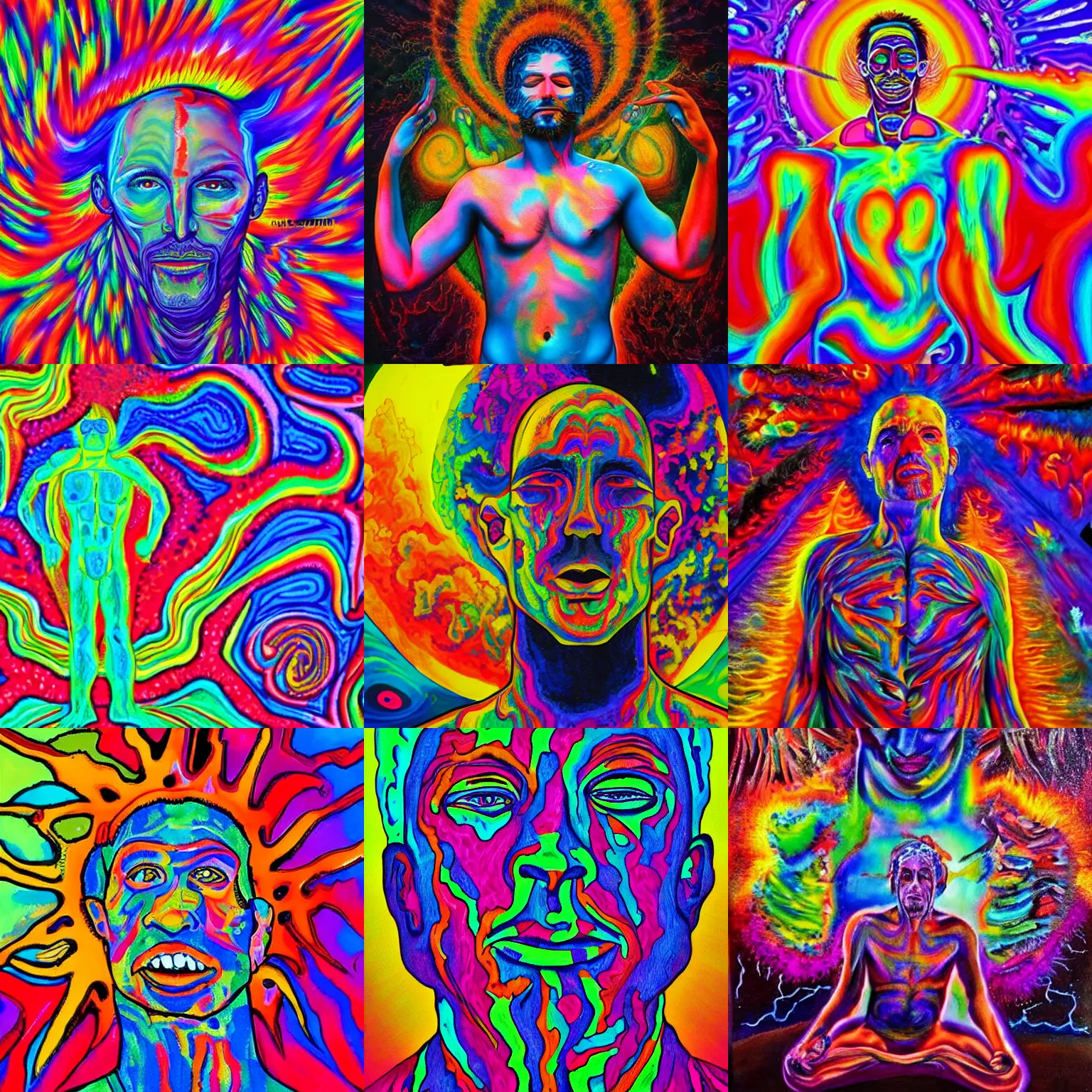 Prompt: a psychedelic painting of a man transcending his humanity and becoming one with everything