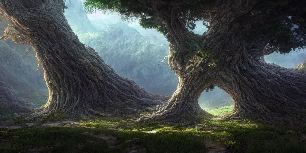 Image similar to a giant tree in the center of a in immense valley, intricate, highly detailed, digital painting, artstation, concept art, smooth, sharp focus, illustration, cinematic, vfx