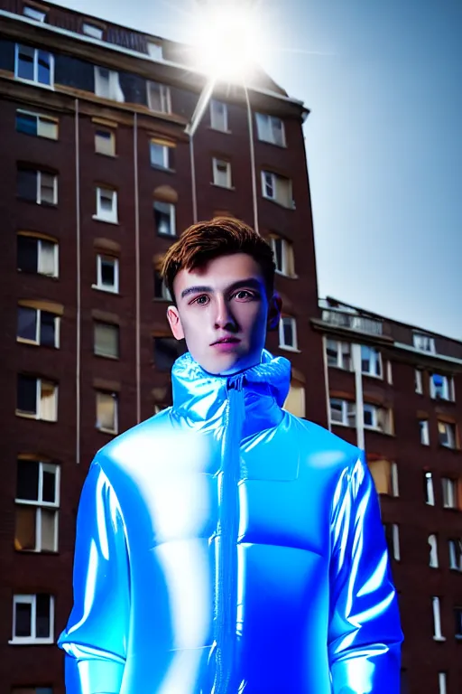 Image similar to un ultra high definition studio quality photographic art portrait of a young man standing on the rooftop of a british apartment building wearing soft inflatable padded iridescent fresnel refractive clothing. three point light. extremely detailed. golden ratio, ray tracing, volumetric light, shallow depth of field. set dressed.