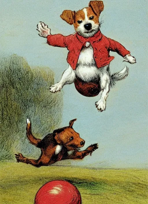 Image similar to jack russel terrier jumping from the ground over a red ball, illustrated by peggy fortnum and beatrix potter and sir john tenniel