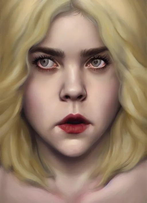 Image similar to full body portrait, kiernan shipka as sabrina spellman, white hair, obese, bangs, sultry, realistic, sultry smirk, fluffy bangs, curly bangs, fat, belly, intricate, elegant, highly detailed, digital painting, artstation, concept art, smooth, sharp focus, illustration, art by wlop, mars ravelo and greg rutkowski