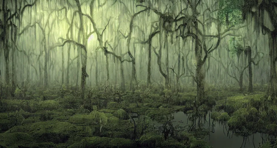 Image similar to A dense and dark enchanted forest with a swamp, by Steve Argyle