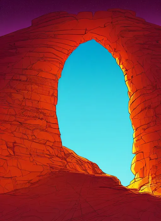 Prompt: a cartoon illustration of a desert with a large arch in the middle of it, digital art by kilian eng, polycount, generative art, bryce 7, digital illustration