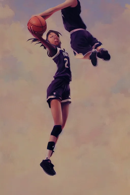 Image similar to A ultradetailed beautiful panting of a girl dunking a basketball, Oil painting, by Ilya Kuvshinov, Greg Rutkowski and Makoto Shinkai