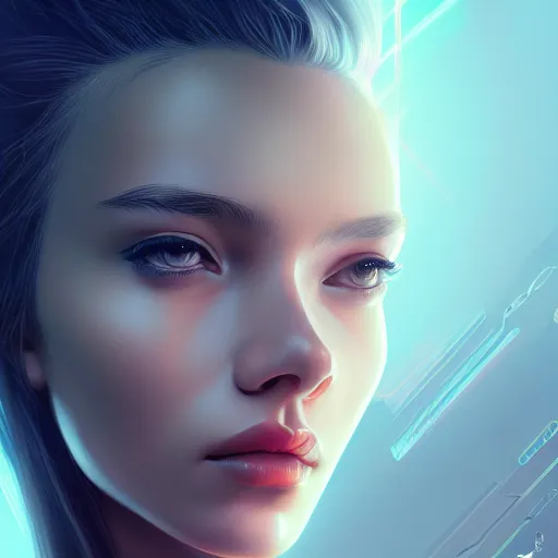 Image similar to portrait of beautiful girl with robot body by artgerm, close up, portrait, cinematic, elegant, artstation, intricate, highly detailed, digital painting, artstation, concept art, sharp focus, illustration, cyberpunk, cgsociety, 8 k