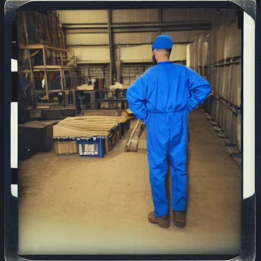 Prompt: a polaroid photo of man doing sort things into sort machines in warehouse, he's wearing blue cloth and construction hat,, photo from behind, highly details, perfect face shape, cinematic lighting,