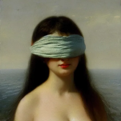 Prompt: a woman’s face wearing a chrome blindfold, by ivan aivazovsky and alma tadema and remrandt and willen claesz heda, rendered in octane