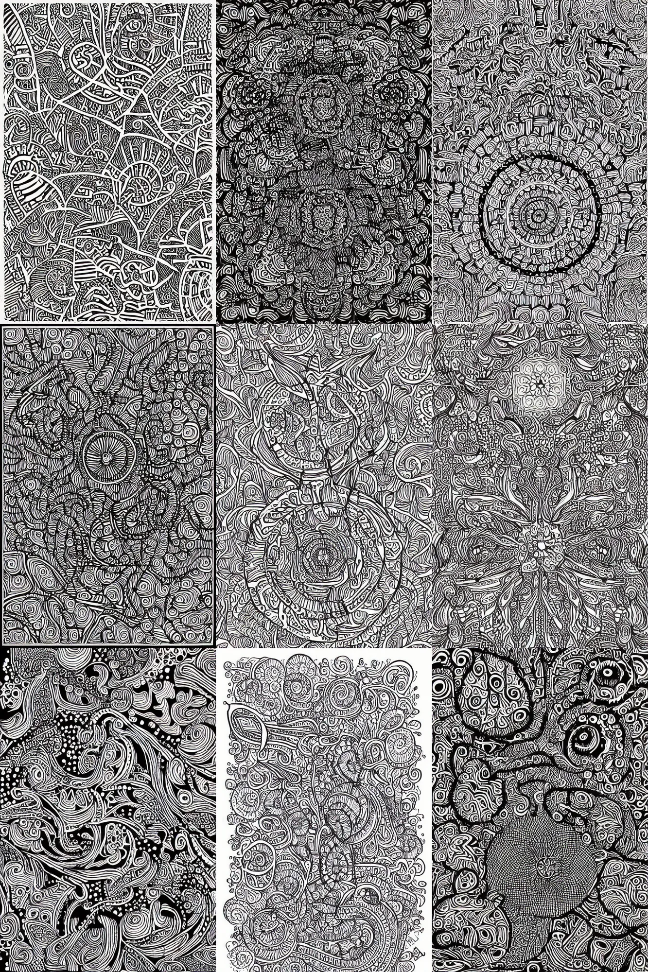 Prompt: intricate black and white doodle by neuralbricolage w 7 6 8