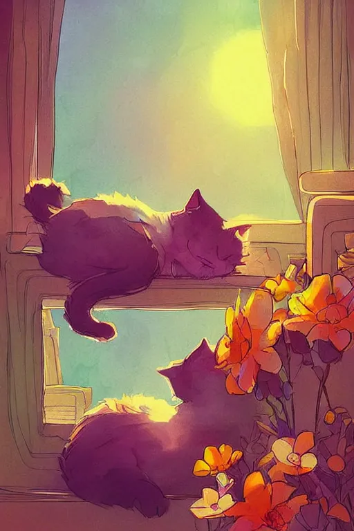 Prompt: a digital art of a cat sleeping in the room with flowers around in the afternoon, the sun shines in, storybook art, watercolor, detailed, cute, by anton fadeev, featured on artstation