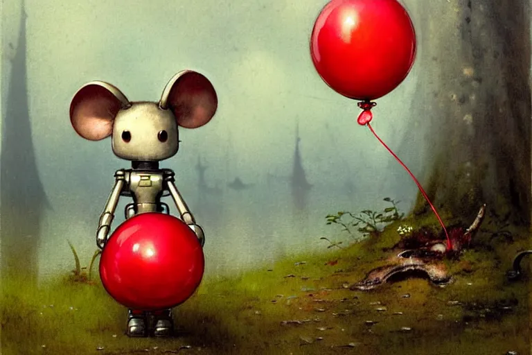 Image similar to adventurer ( ( ( ( ( 1 9 5 0 s retro future robot android mouse holding a red balloon. muted colors. swamp mushrooms island, lillie pads ) ) ) ) ) by jean baptiste monge!!!!!!!!!!!!!!!!!!!!!!!!! chrome red