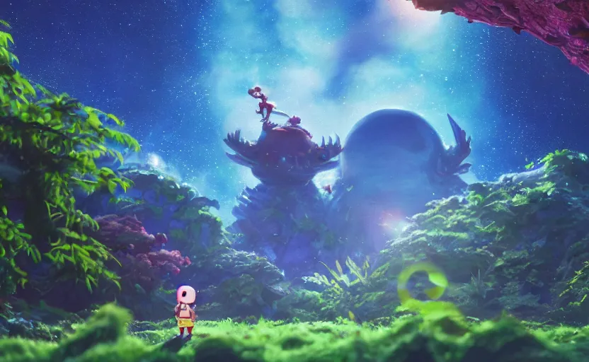 Prompt: a still of a cute adorable tiny astronaut, on a planet of lush colorful foliage, with an enormous kaiju dragon surrounding the full background, magical forest, sharp focus, neon backlit, highly detailed, disney pixar studio ghibli makoto shinkai, digital painting, matte, octane render, global illumination, iridescent, anime, 8 k concept art