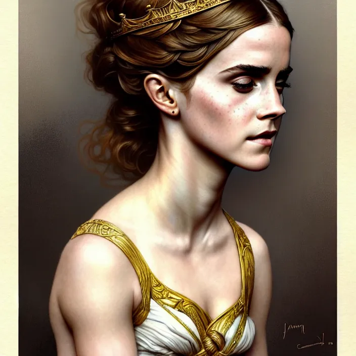 Image similar to ancient queen emma watson, symetrical, diffuse lighting, fantasy, intricate, elegant, highly detailed, lifelike, photorealistic, digital painting, artstation, illustration, concept art, 4 k, smooth, sharp focus, art by john collier and albert aublet and krenz cushart and artem demura and alphonse mucha