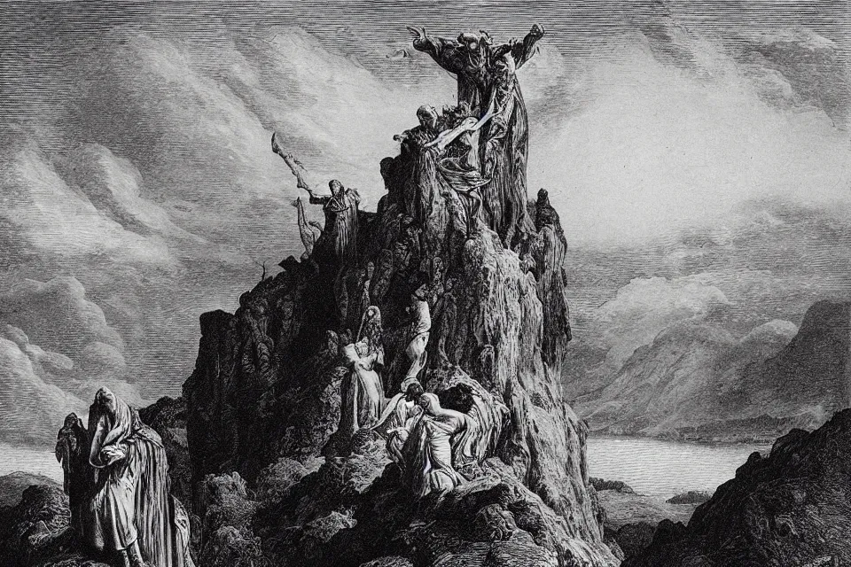 Image similar to “ an engraving of dante and virgil standing on a cliff watching the tempest of hell by gustave dore ”