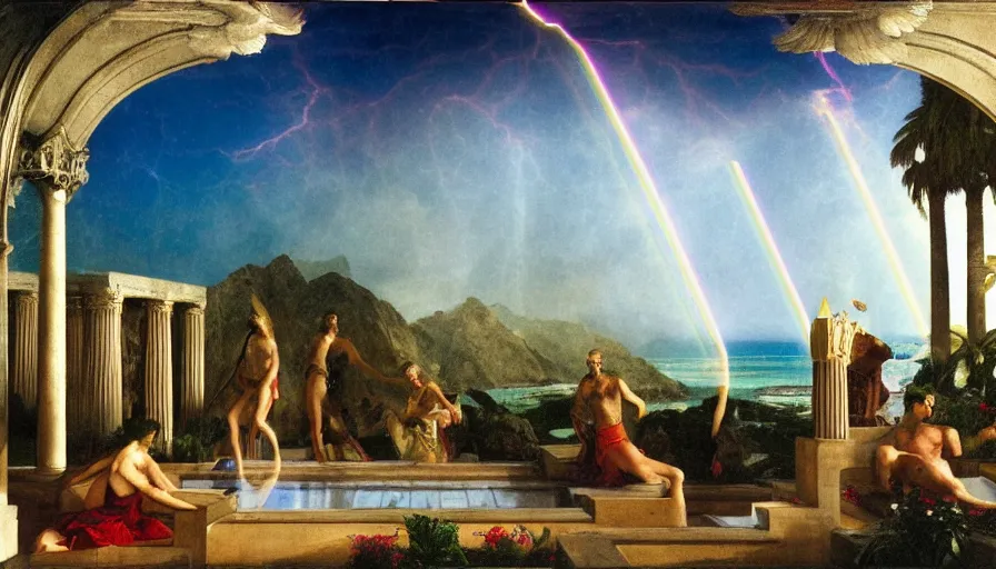 Image similar to Palace of the occult, mediterranean balustrade and columns, refracted sparkles, thunderstorm, greek pool, beach and Tropical vegetation on the background major arcana sky and occult symbols, by paul delaroche, hyperrealistic 4k uhd, award-winning, very detailed paradise