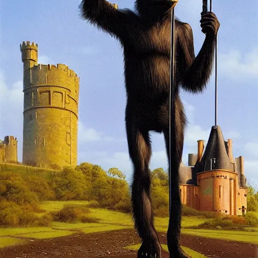 Image similar to casual by peter elson. a street art that features a chimpanzee surrounded by a castle turret. the chimp is shown wearing a crown & holding a scepter, & the castle is adorned with banners.