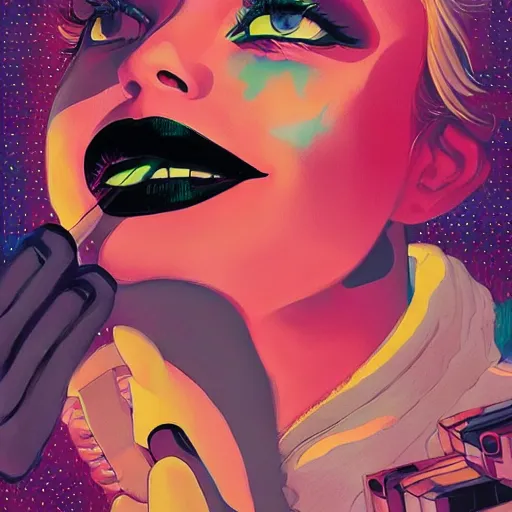 Image similar to a colorful comic noir illustration of a woman singing about a broken heart, beautiful, hyperrealistic, tristan eaton, victo ngai, artgerm, rhads, ross draws, 8 k, high contrast, dark vibes, pastel lighting, depth of field