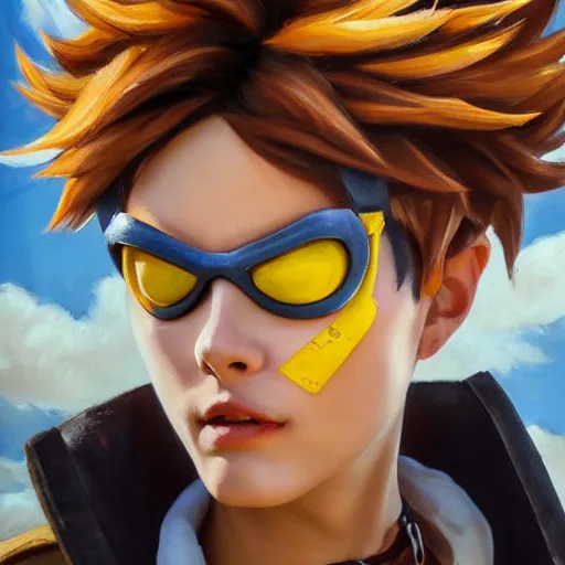 Image similar to oil painting of tracer overwatch in a field wearing large leather belt choker collar around neck, in style of mark arian, expressive face, detailed face, detailed eyes, full body, feminine face, tracer overwatch,