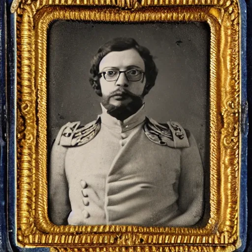 Prompt: daguerreotype portrait of sam hyde wearing a prussian officer uniform, very detailed, very intricate,